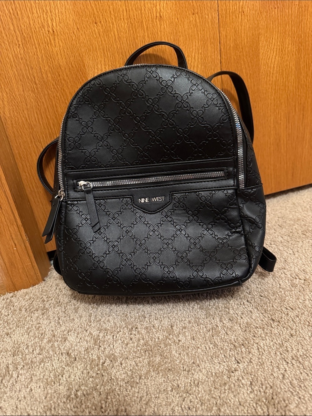Nine West Black Embossed Mini Backpack with Front Zip Pocket